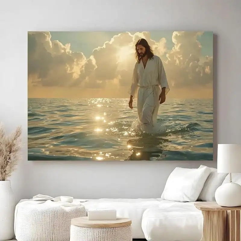 Faith-inspired Jesus walking on water with ocean reflection canvas wall art, additional product view 3 with contemporary